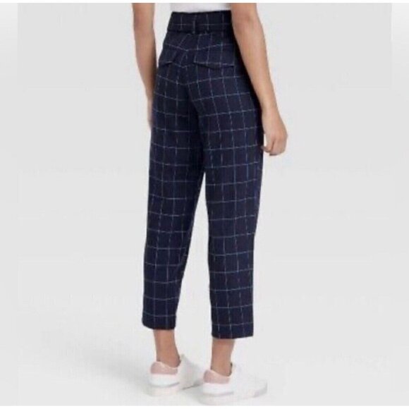 A New Day plaid Pants High Rise Tapered Ankle Size 14 Navy Blue Belted NEW - Picture 3 of 10